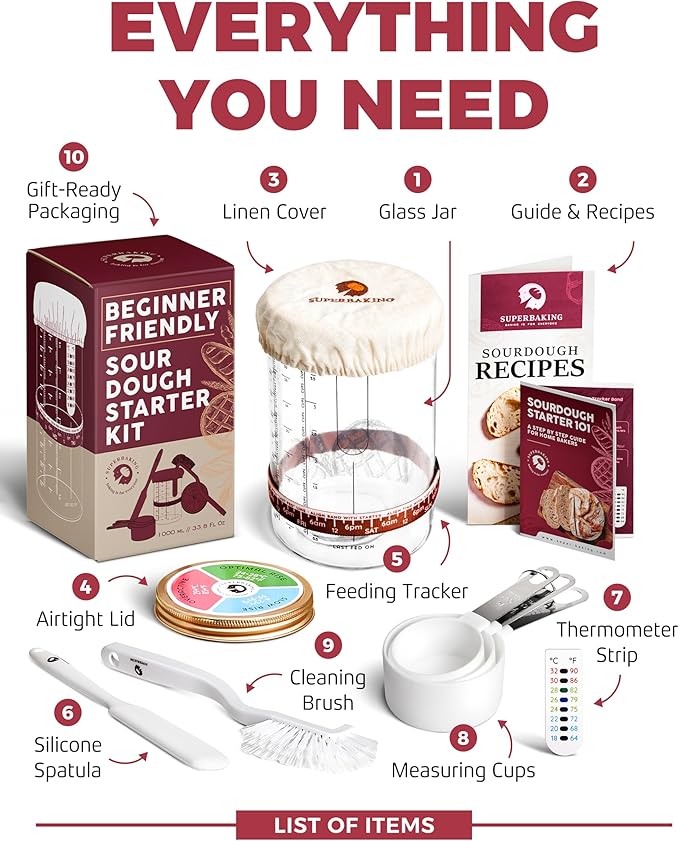 Superbaking Sourdough Starter Jar, Beginner Sourdough Starter Kit, 34oz Wide Mouth Sour Dough Glass