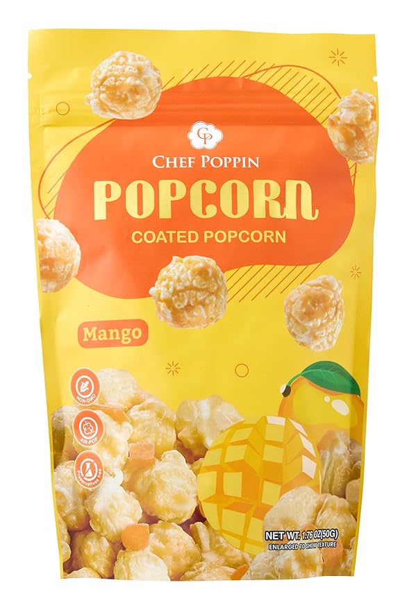 CHEF POPPIN Asian-Style Gourmet Flavored Popcorn, Non-GMO Corn, All Natural, Mango, 50g, 1.76 oz
