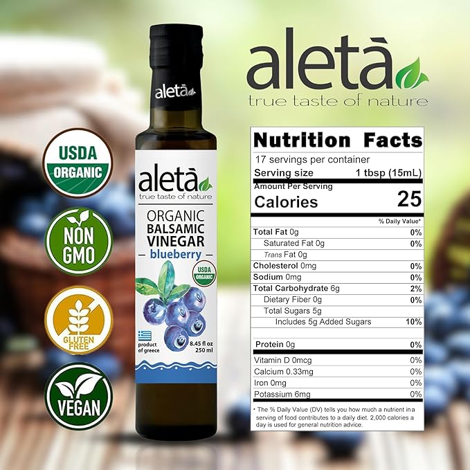 Aleta Farms Balsamic Vinegar, Greek Organic Blueberry Infused Aged Balsamic Vinegar, USDA Organic