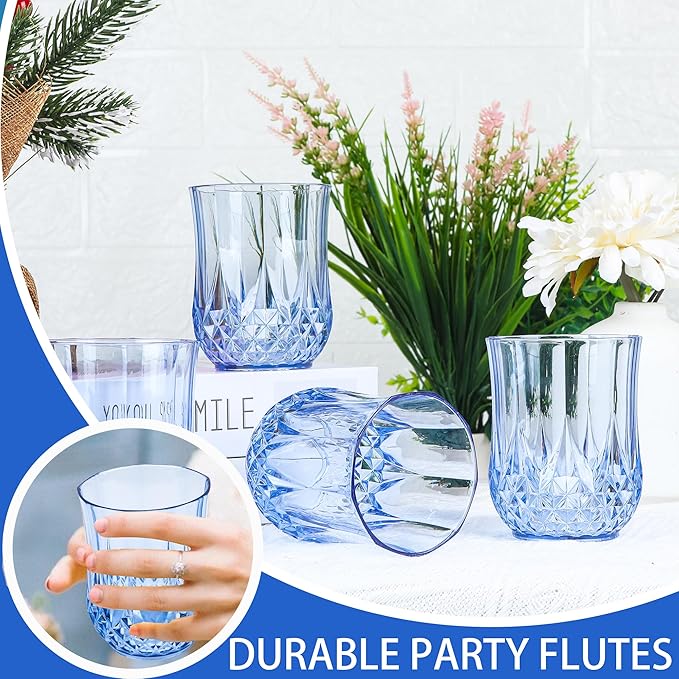 24 PCS Blue Stemless Wine Glasses，Plastic Reusable Cups 9OZ Vintage Drinking Glasses Tumblers for