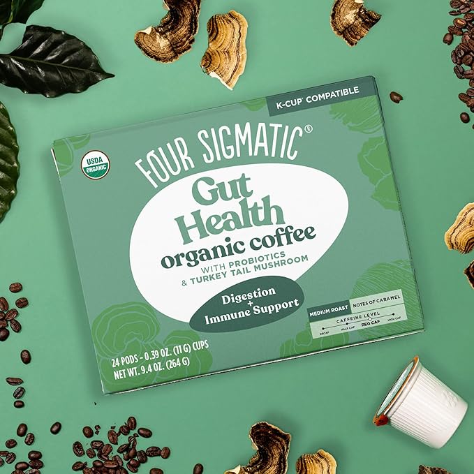 Four Sigmatic Gut Health Organic Coffee Pods | Medium Roast Probiotic K Cups with Chaga and Turkey