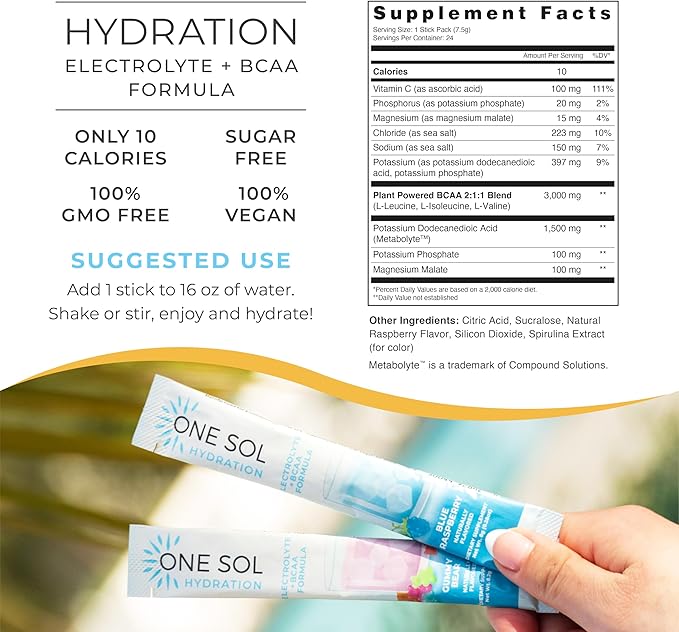 One Sol BCAA & Electrolyte Powder for Hydration & Energy, All-Natural Formula, 100% Vegan, Non-GMO