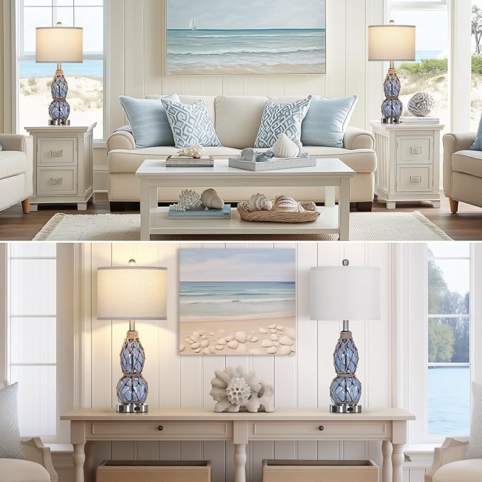 26" Coastal Glass Table Lamps Set of 2, 3-Way Dimmable Touch Lamps with USB Ports and AC Outlet