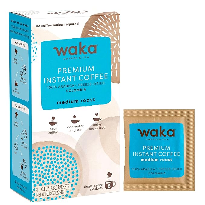 Waka Premium Instant Coffee Sachets — 100% Arabica Freeze Dried Beans — For Hot or Iced Coffee (8