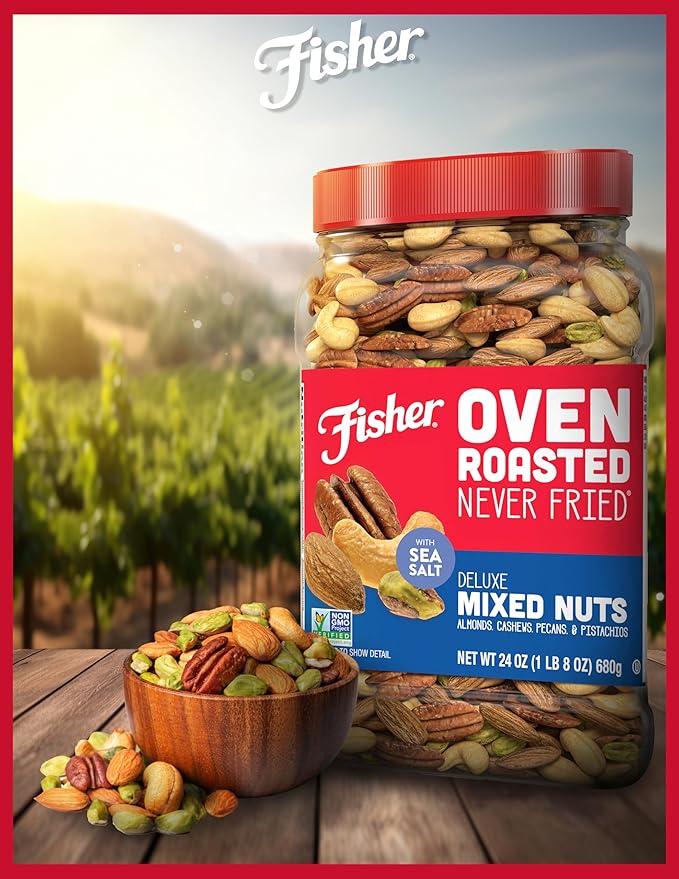Fisher Oven Roasted Never Fried Deluxe Mixed Nuts, 24 Ounces (Pack of 1), Almonds, Cashews, Pecans