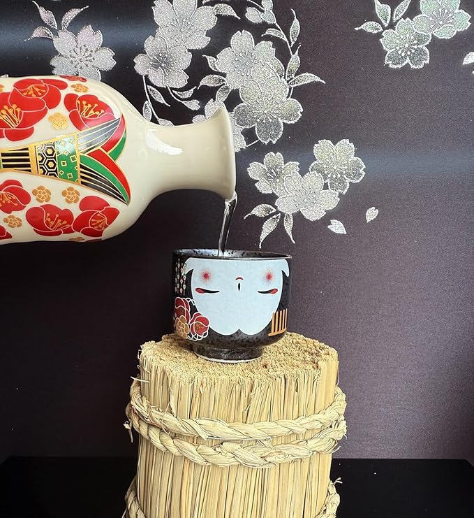 Japanese Traditional Kokeshi Design Sake Wine Soju Ceramic Set with 1 Ochoko Cup and 1 Tokkuri