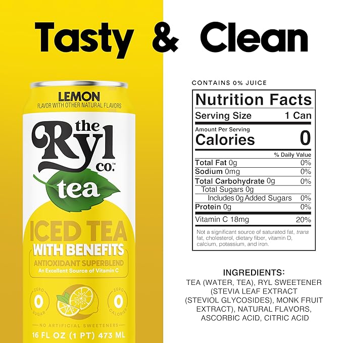 Ryl Iced Tea, Lemon, Antioxidant Superblend, Zero Sugar, Low Carb, Zero Calorie Iced Tea, 16.0 Fl