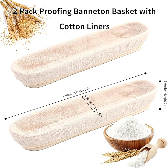 Banneton Bread Proofing Basket - 15 Inch Baguette Sourdough Bread Basket with Liner - Set of 2