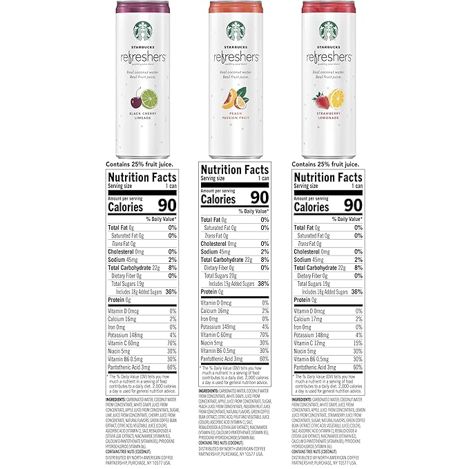 Starbucks Refreshers, 3 Flavor Variety Pack (Peach,Cherry, Stw Lmd), 12 Ounce Sleek Cans (Pack of