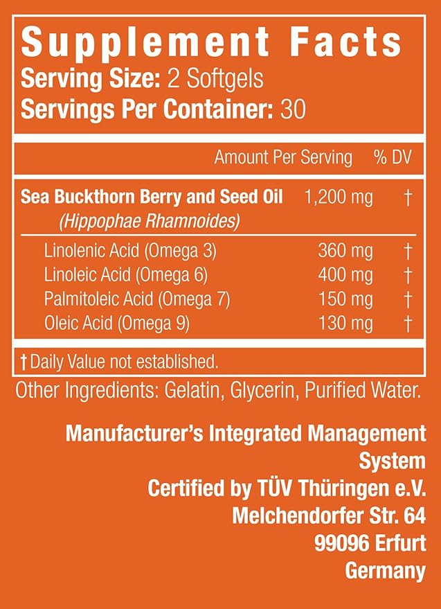 Nattura Complete Omega 3-6-7-9, Pure Sea Buckthorn Oil, European Quality, from Unrefined, Cold