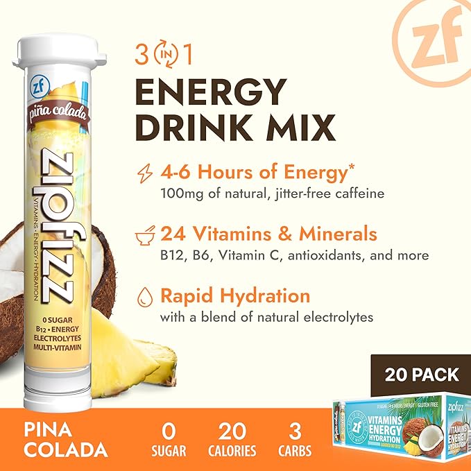 Zipfizz Daily Energy Drink Powder, Pina Colada, 20 Pack | 3-in-1 Sustained Energy, Rapid Hydration