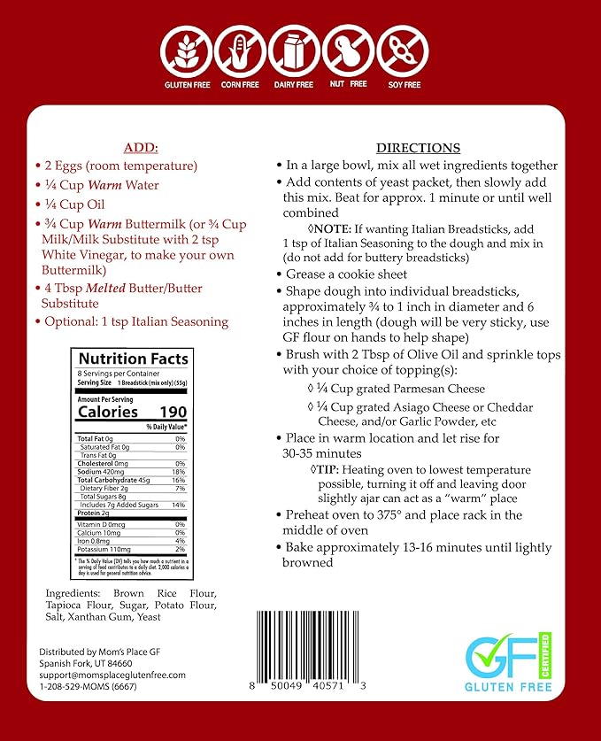 Mom's Place Gluten-Free Buttery Breadsticks Mix, Easy to Make, Nut Free, Dairy Free, Soy Free