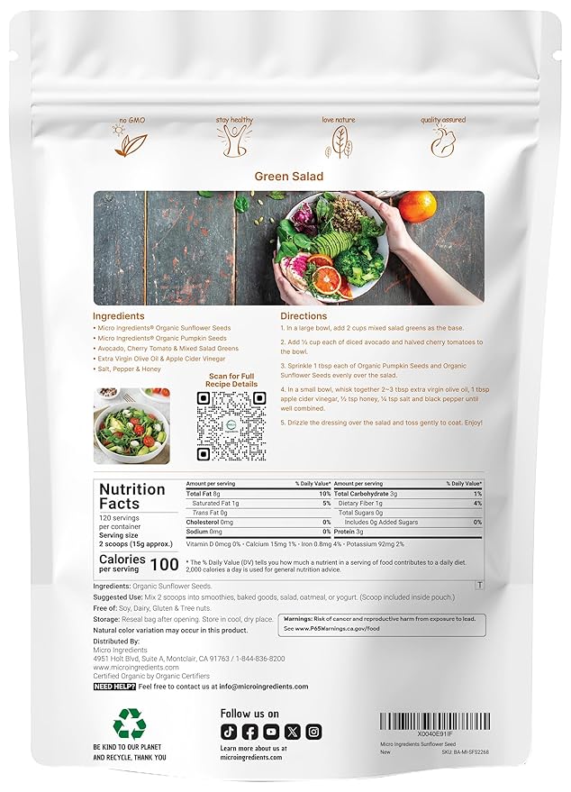 Organic Sunflower Seeds, 4lbs | Raw, Unsalted, & Shelled – Whole Kernels | Low Carb Snack | Great