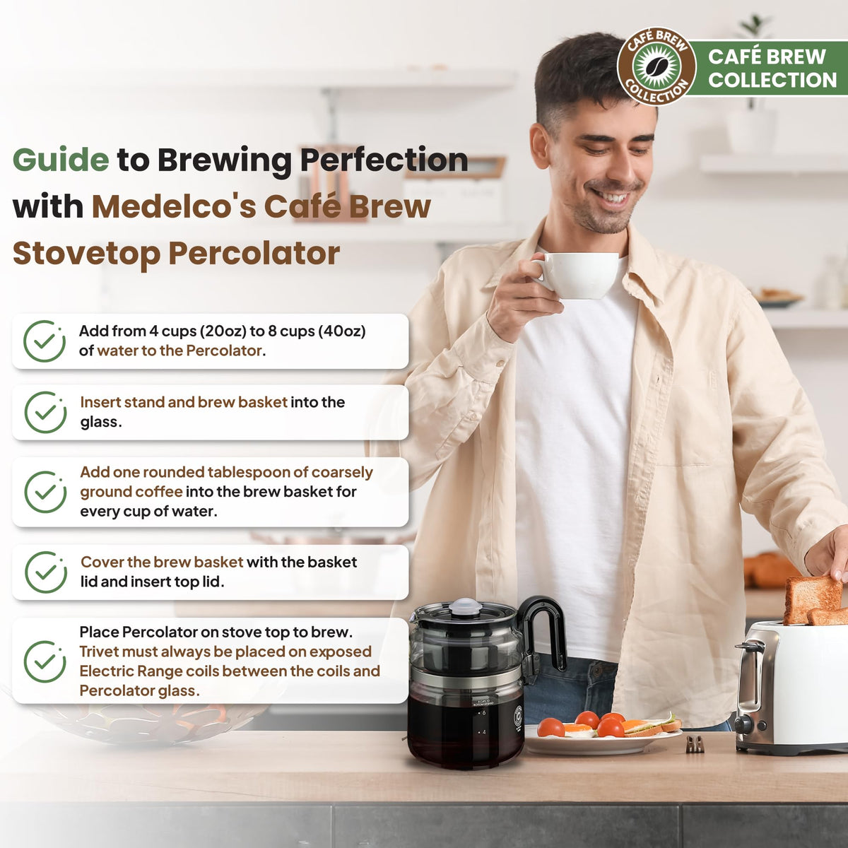 Café Brew Glass Coffee Percolator, Stovetop, 8 Cup, BPA-Free