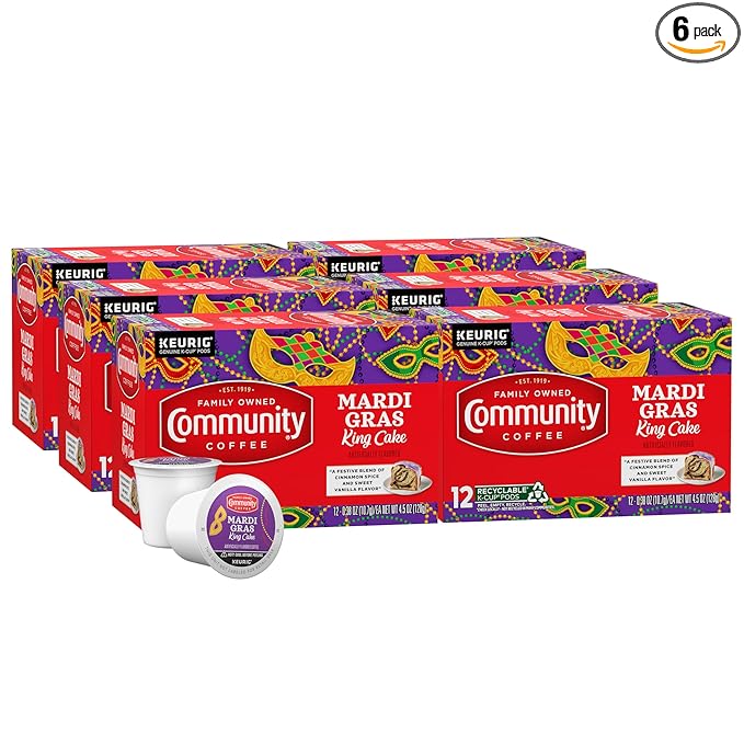 Community Coffee Mardi Gras King Cake Flavored 72 Count Coffee Pods, Medium Roast, Compatible with