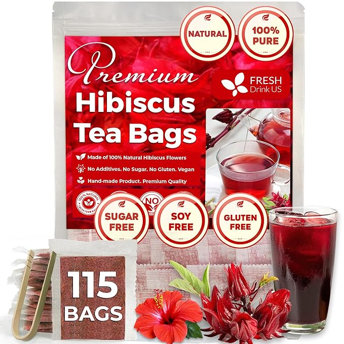 FRESHDRINKUS 115 Hibiscus Flowers Tea Bags, 100 Percent Natural, Pure from Hibiscus Flowers. Loose