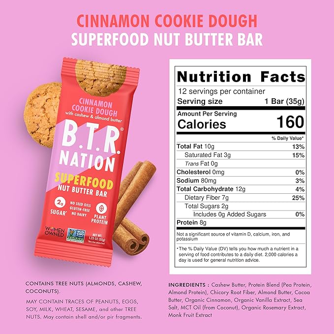B.T.R. Nation Superfood Keto Protein Bars, Plant Based Vegan Protein - Cinnamon Cookie Dough ENERGY