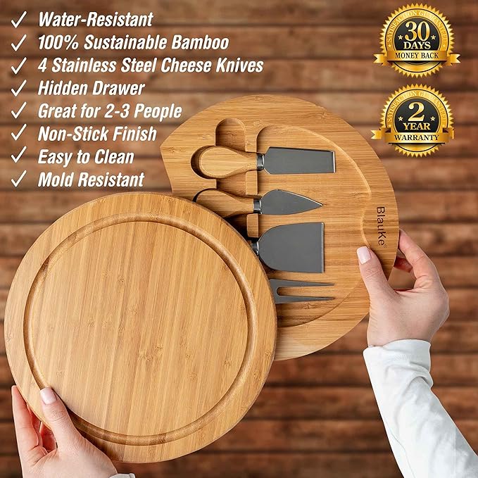 BlauKe Bamboo Cheese Board and Knife Set - 10 inch Round Charcuterie Board, Serving Tray, Platter