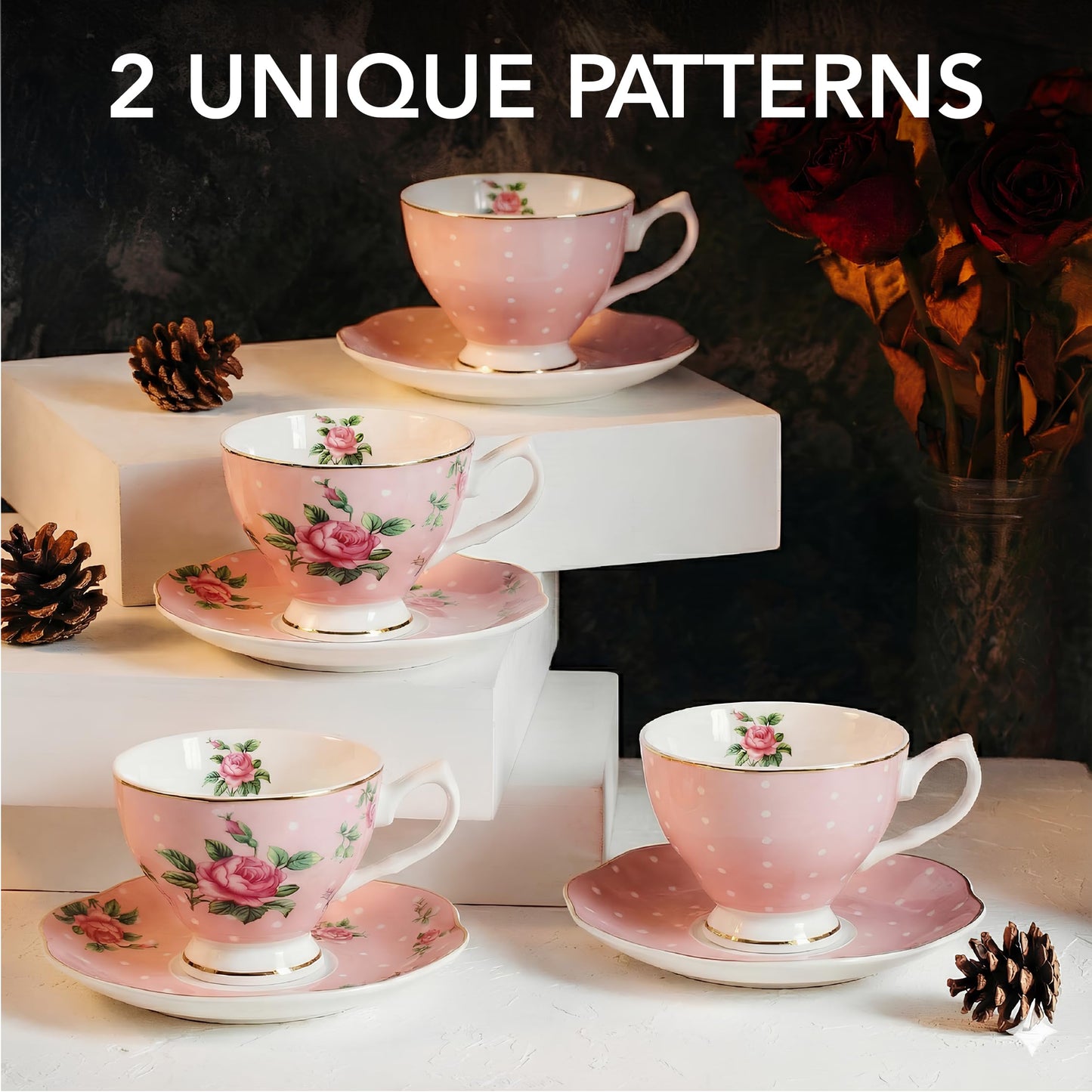 BTaT- Floral Tea Cups and Saucers, Set of 4, 8 oz, Fine Porcelain Teacup Set with Gold Trim for