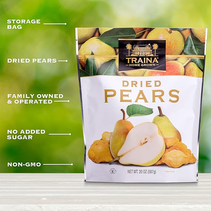 Traina Home Grown Sun Dried Pears - Healthy & Non-GMO, Natural Sweet Flavor Fruit No Sugar Added
