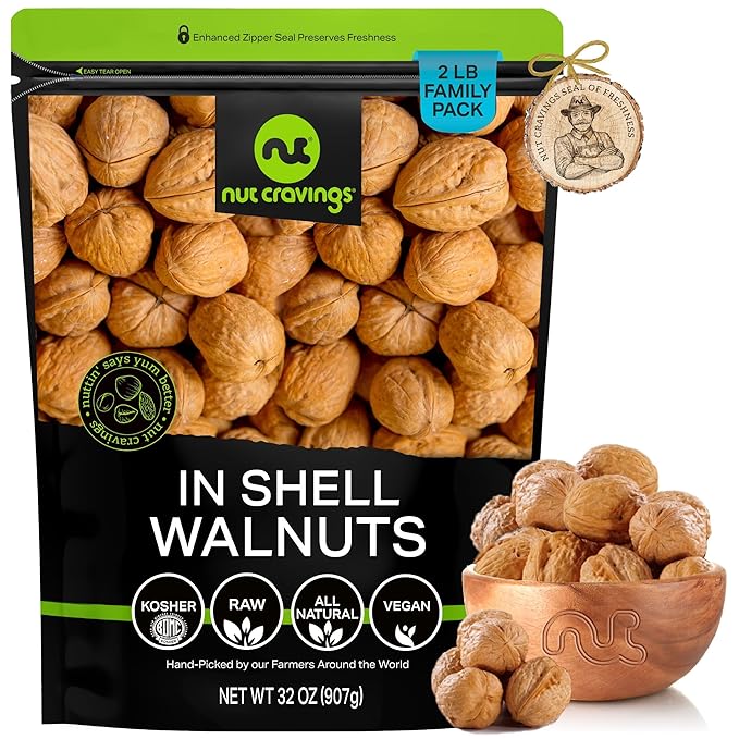 NUT CRAVINGS - Raw Walnuts In Shell, Whole, (32oz - 2 LB) Packed Fresh in Resealable Bag - Nut
