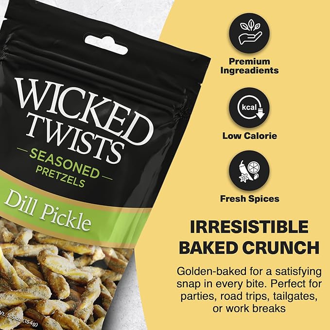 Wicked Twists Dill Pickle Seasoned Pretzels Twists 5.5 oz (1 Pack) Snack Pretzel Sticks Rods, Bold