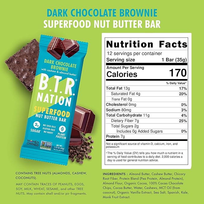 B.T.R Nation Keto Superfood Protein Bars, Plant Based Vegan - Brownie RECHARGE | 12 Bars | Low Carb