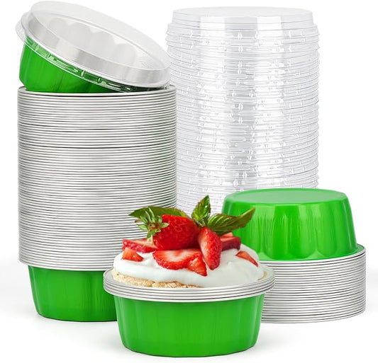 Beasea Disposable Ramekins 8oz, 100 Pack Foil Cups with Lids Cupcake Cups Grass Green Aluminum Foil