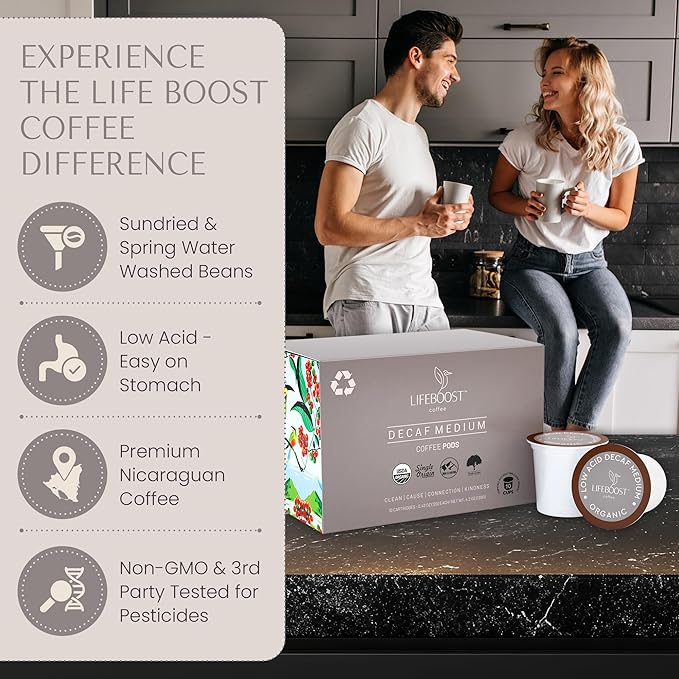 Lifeboost Organic Decaf Coffee K Cups - Low Acid Single Origin Non-GMO Mold Free Decaf Coffee Pods