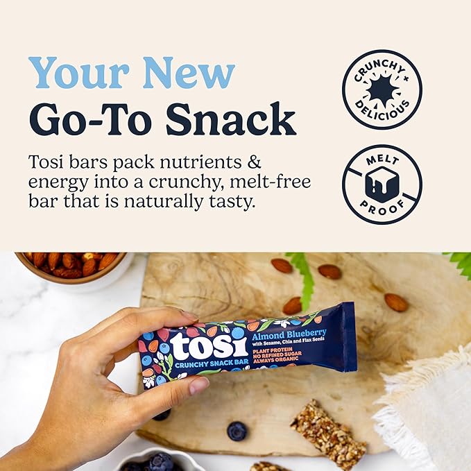 Tosi Almond Blueberry Protein Bars, Plant Based with Nuts, Gluten-Free Crunchy Snacks, Vegan