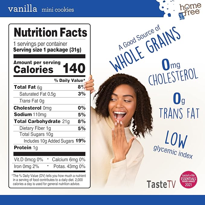 Homefree Treats You Can Trust Gluten Free Mini Cookies, Single Serve, Vanilla, 70% organic, 1.1