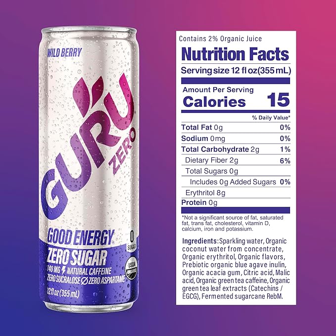 GURU ZERO SUGAR Wild Berry Organic Energy Drink with Plant Based Natural Caffeine from Green Tea