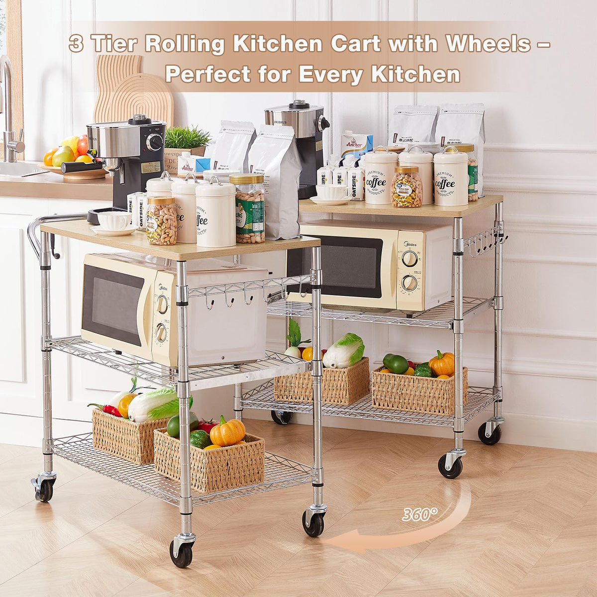 3 Tier Rolling Kitchen Cart with Wood Tabletop, Kitchen Island Carts with Wheels & Slider Shelf