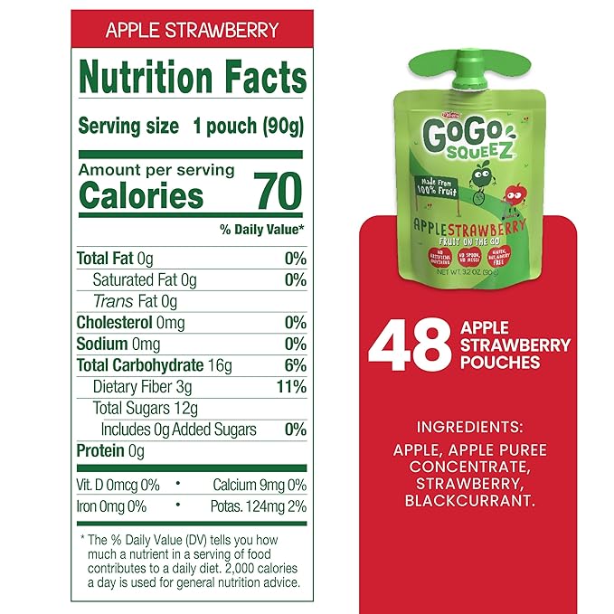 GoGo squeeZ Applesauce and Fruit Puree, Apple Strawberry, 3.2 oz (Pack of 48), Unsweetened Fruit