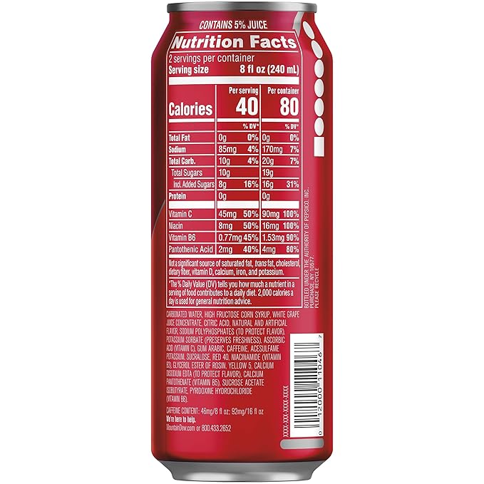Mountain Dew Kickstart, Fruit Punch, 92mg Caffeine, Vitamins B & C, 80 Calories, 5% Juice, 16 fl oz