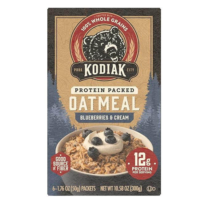 Kodiak Instant Oatmeal Packets, Blueberries & Cream, High Protein, 100% Whole Grains, 6 boxes with