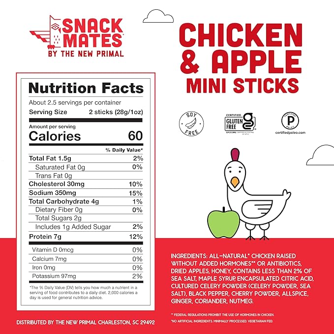 New Primal Snack Mates Chicken & Apple Sticks, Gluten Free Healthy Snacks for Kids, Low Sugar High