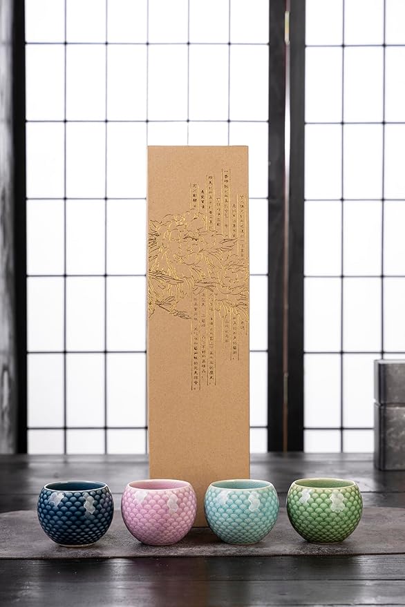 MQjzsh Handmade Chinese Japanese Tea Bowls, Tea Cup Set, 4 Pack, 110ml / 3.7oz for Office, Home