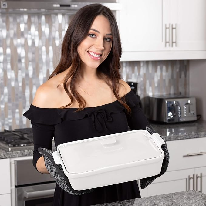 Stoneware Casserole Dish Bakeware Set with Lid, Covered Rectangular Dinnerware, Extra Large 4.23