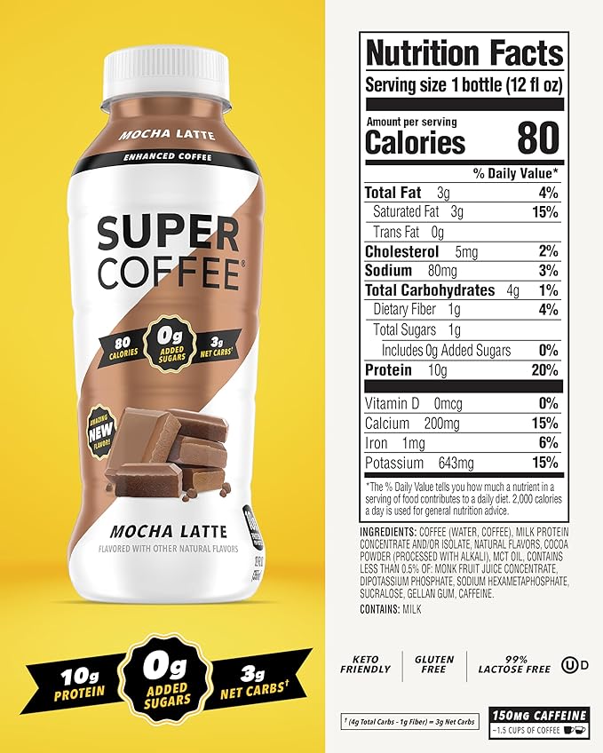 SUPER COFFEE, Keto Protein Coffee (0g Added Sugar, 10g Protein, 70 Calories) [Mocha] 12 Fl Oz, 12