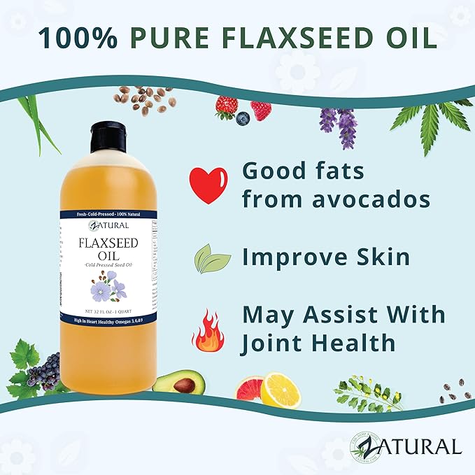 Zatural Flaxseed Oil Naturally Grown 100% Pure Cold Pressed Omega Rich Fatty Acids 32oz