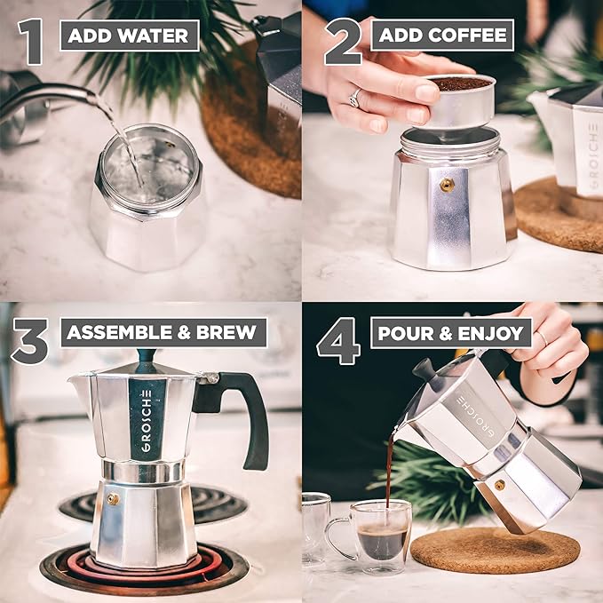 GROSCHE Milano Stovetop Espresso Maker Moka Pot 9 espresso cup, 15.2 oz, Silver Cuban Coffee Maker