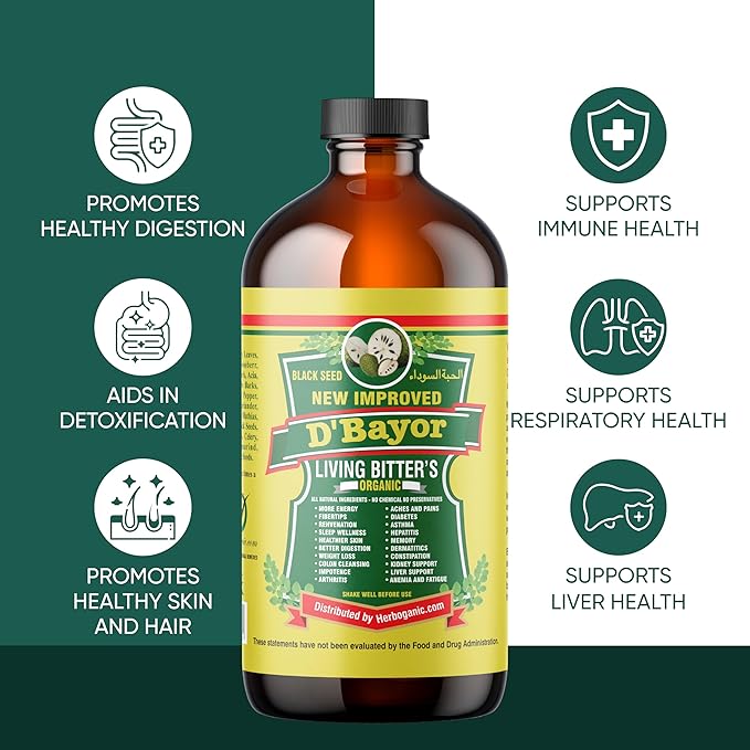 HERBOGANIC D'Bayor Living Bitter 16oz - Natural Blend of Black seed, Bitter Melon, Cinnamon and