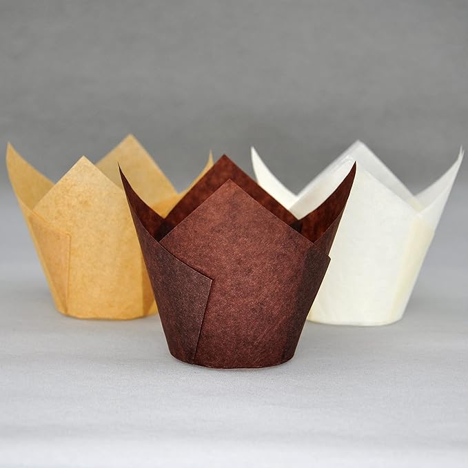 (JUMBO EXTRA LARGE size) Natural+Brown+White Tulip Baking Cups 2-1/4"(Base diameter) x 3-3/4"(Wall