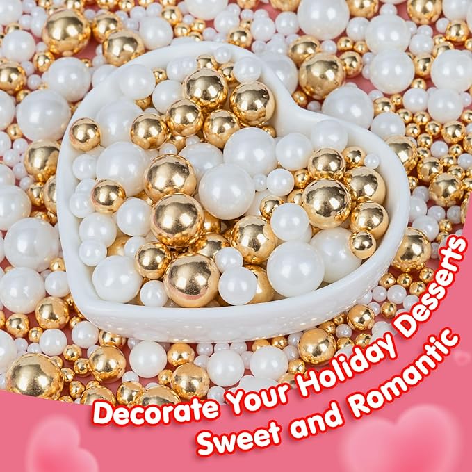 Edible Pearl Sprinkles,White Gold Candy Mixing Size,Baking Pearls Sprinkle Edible Cake Decorations