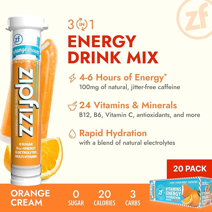 Zipfizz Daily Energy Drink Powder, Orange Cream, 20 Pack | 3-in-1 Sustained Energy, Rapid