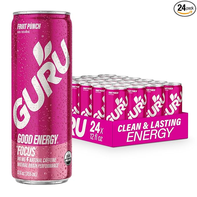 GURU Fruit Punch Organic Energy Drinks, Clean Energy Drink with Plant Based Natural Caffeine from