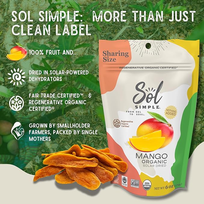 SOLSIMPLE Organic Dried Mango No Sugar Added 6oz Snack Pack (1 Bag) | Dehydrated Fruit | Organic