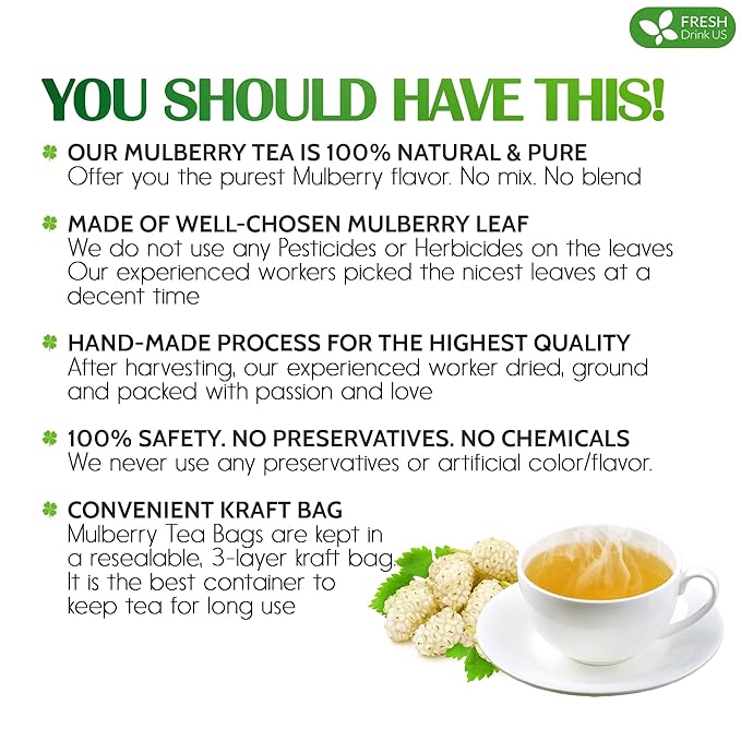 FreshDrinkUS Premium Mulberry Leaf Tea - 50 Bags, 100% Natural & Pure. Loose Leaf Herbal Tea.