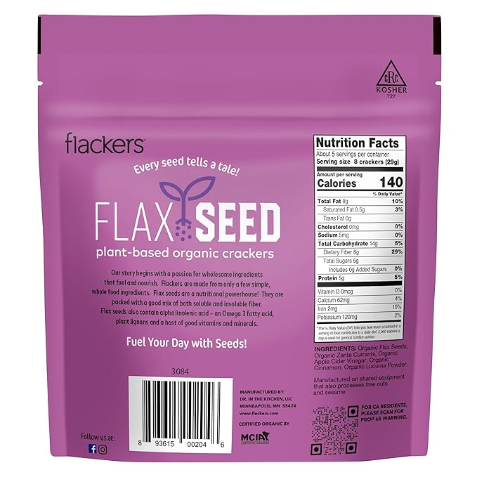 Flackers Organic Flax Seed Crackers Cinnamon & Currants, 5 Ounce 4-Pack, Gluten Free, Non GMO